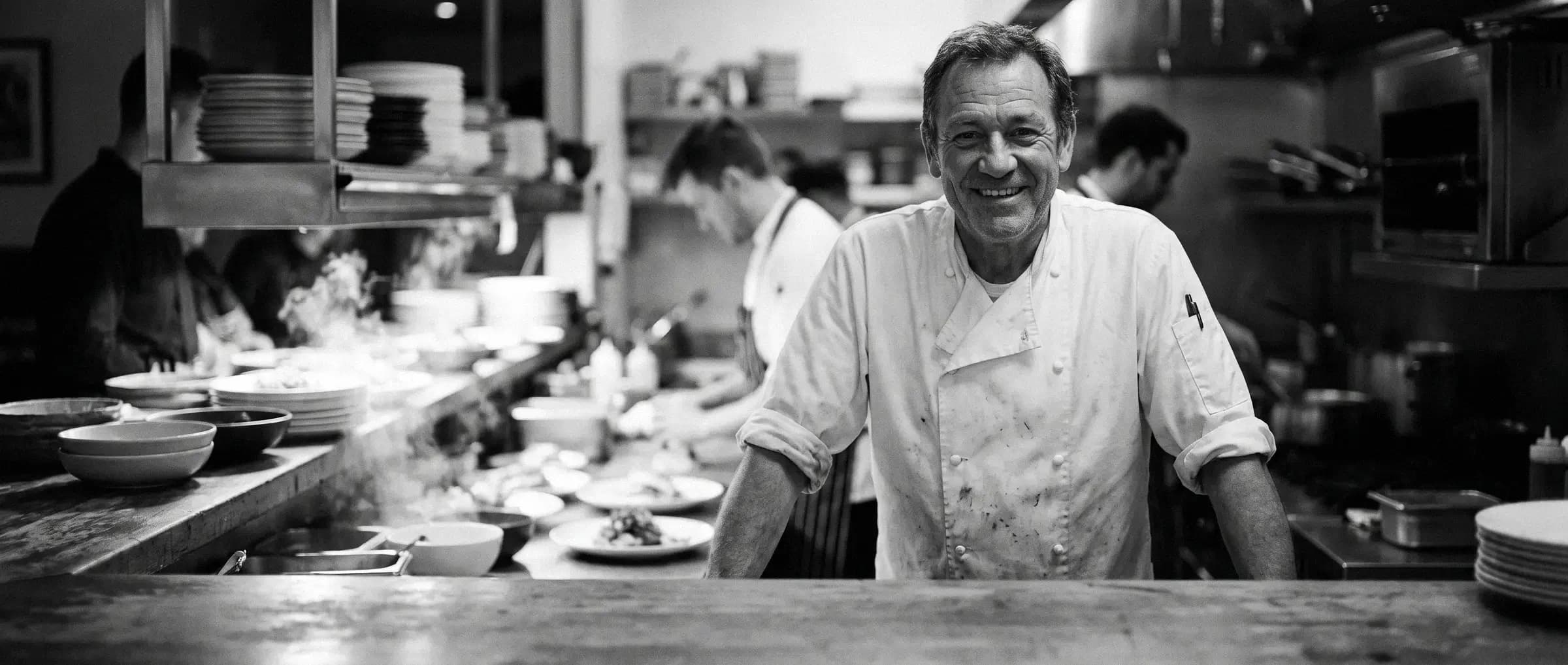 The owner of a small restaurant at the pass of his kitchen, smiling at the camera