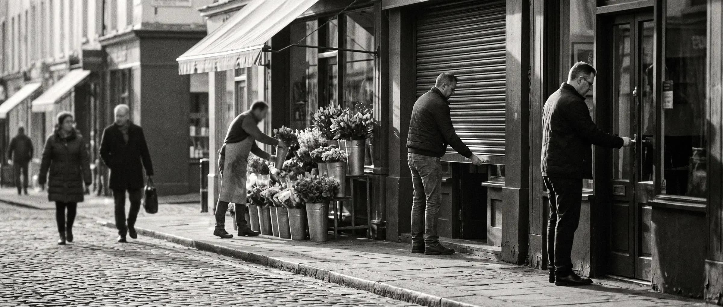 Early morning on a street of small shops: a florist setting out flowers, owners opening their shutters