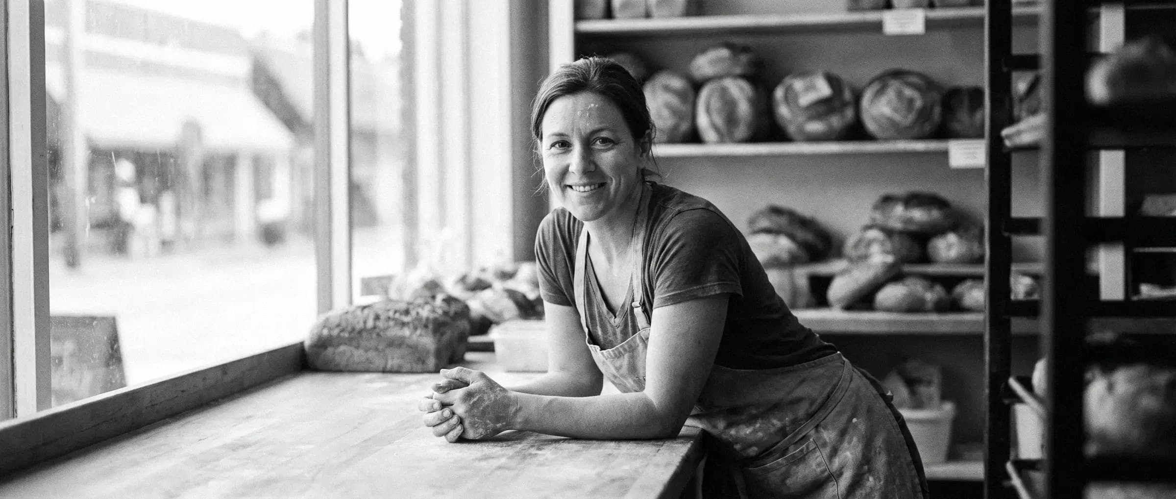 A baker leaning on the counter of her bakery, smiling at the camera