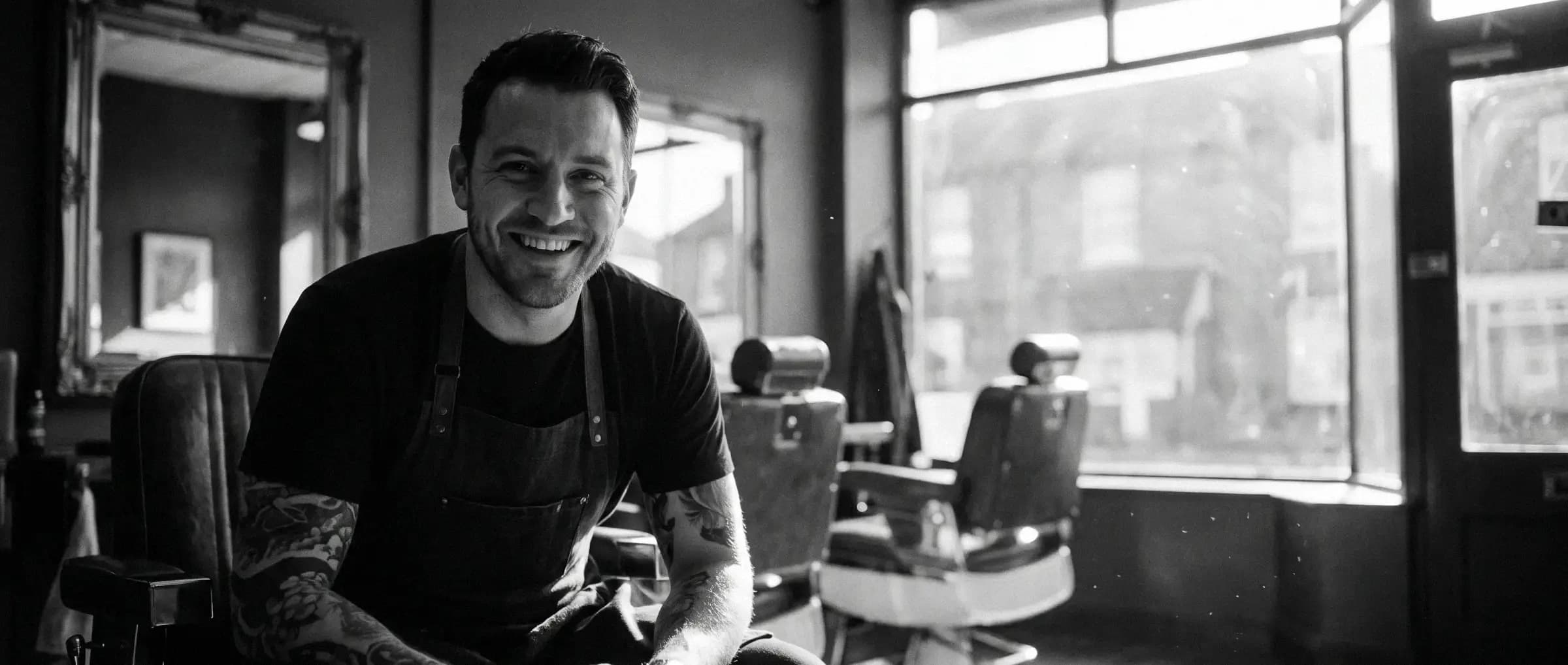 A barber standing in his shop among the chairs and mirrors, smiling at the camera