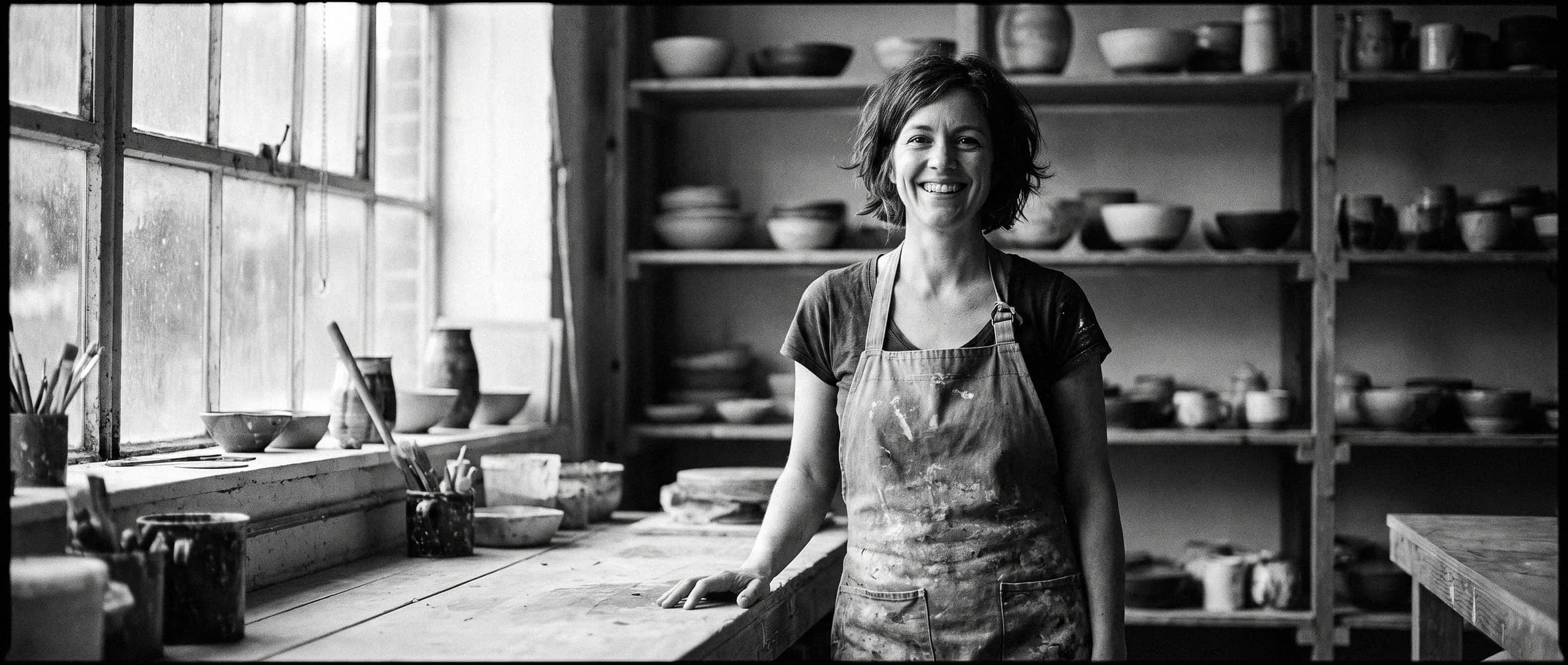The owner of a pottery studio by her work table, smiling at the camera